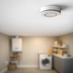 Spec+ Heat & CO alarm on white ceiling above laundry shelves and washing machine.