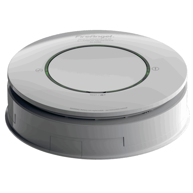 White, round Spec+ Multi-Sensor Heat & CO Alarm with central button and top indicator lights.