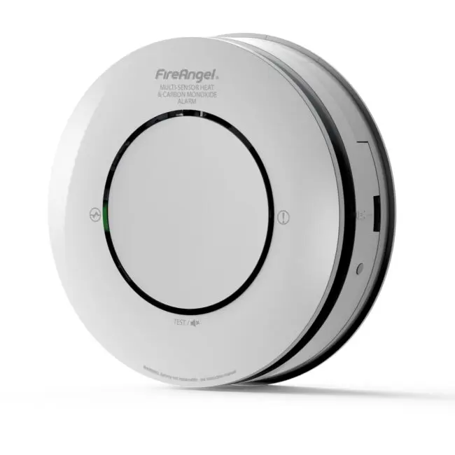 Spec+ Multi-Sensor Heat & CO Alarm, white, circular design with test button.