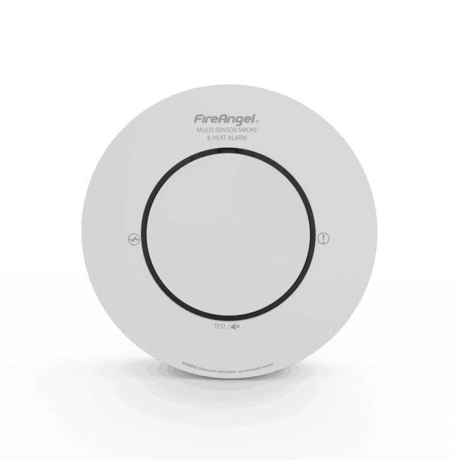 White circular Spec+ Multi-Sensor Smoke & Heat Alarm with central test button on plain background.