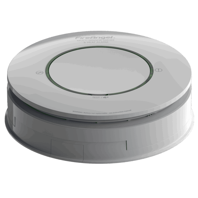 Spec+ Multi-Sensor Smoke & Heat Alarm with central button and indicator lights, white circular.