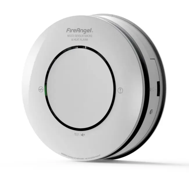 Round white Spec+ Multi-Sensor Smoke & Heat Alarm with central test button and FireAngel branding.