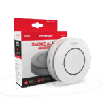 Spec+ Enhanced Optical Smoke Alarm and its packaging shown side by side on a white background.