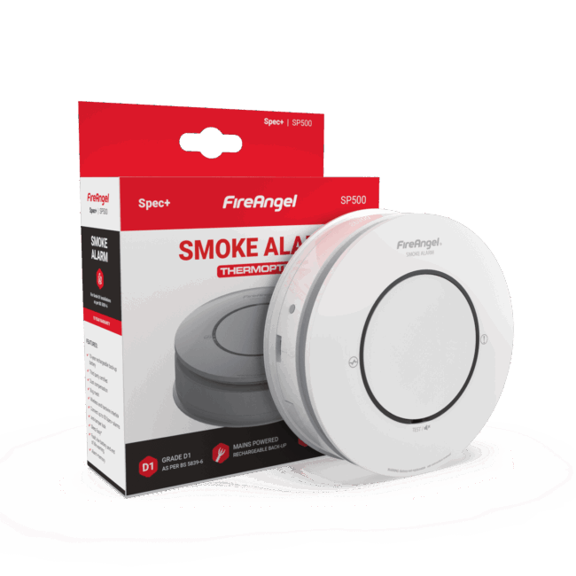 Spec+ Enhanced Optical Smoke Alarm and its packaging shown side by side on a white background.