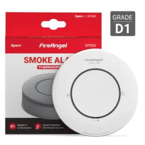 White FireAngel smoke alarm and red packaging labelled Smoke Alarm Thermoptek, Grade D1.