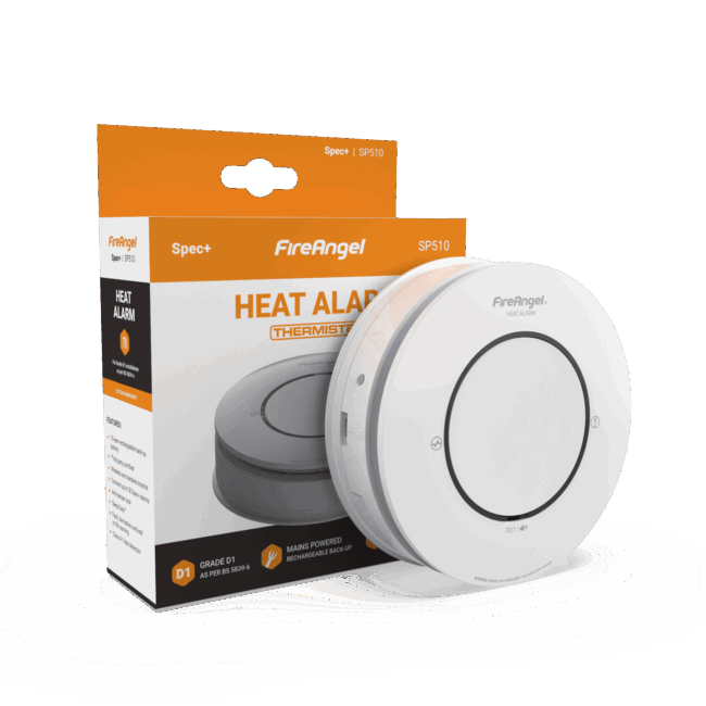 Spec+ Optimised Heat Alarm and its packaging with orange and white branding.
