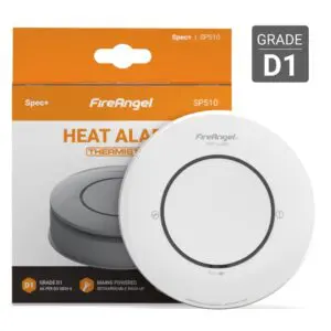 FireAngel heat alarm with packaging, labelled Grade D1, for mains powered and backup use.
