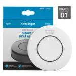 White FireAngel smoke and heat alarm with packaging and Grade D1 rating label.