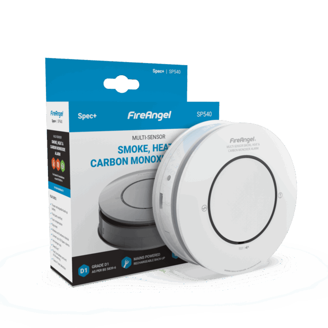 Spec+ Multi-Sensor Smoke, Heat & CO Alarm next to its blue and white packaging box.