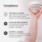 Hand installing a Spec+ Multi-Sensor Alarm on ceiling; icons and compliance text shown at left.