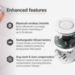Spec+ Alarm: Bluetooth link, lithium battery, insect mesh, dust compensation.