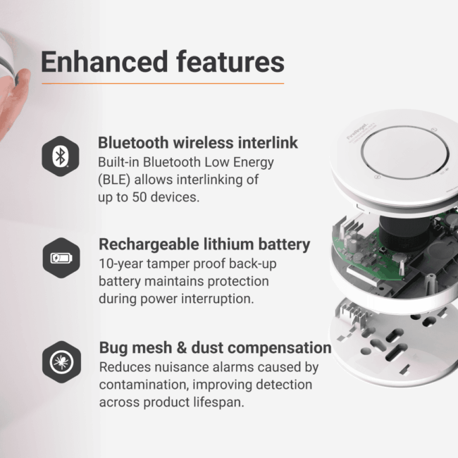 Spec+ Alarm: Bluetooth link, lithium battery, insect mesh, dust compensation.