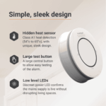 Spec+ Alarm features labelled heat sensor, test button, and LED indicator.
