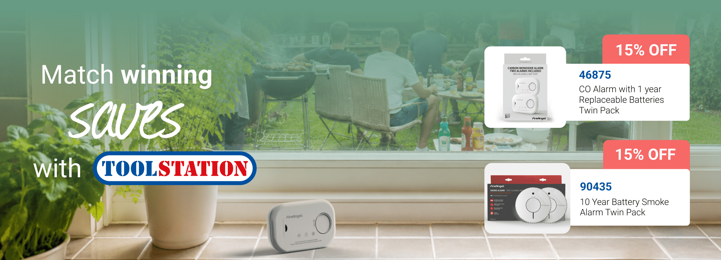 Garden BBQ scene with FireAngel Smoke alarms and 15% off offers in the foreground.