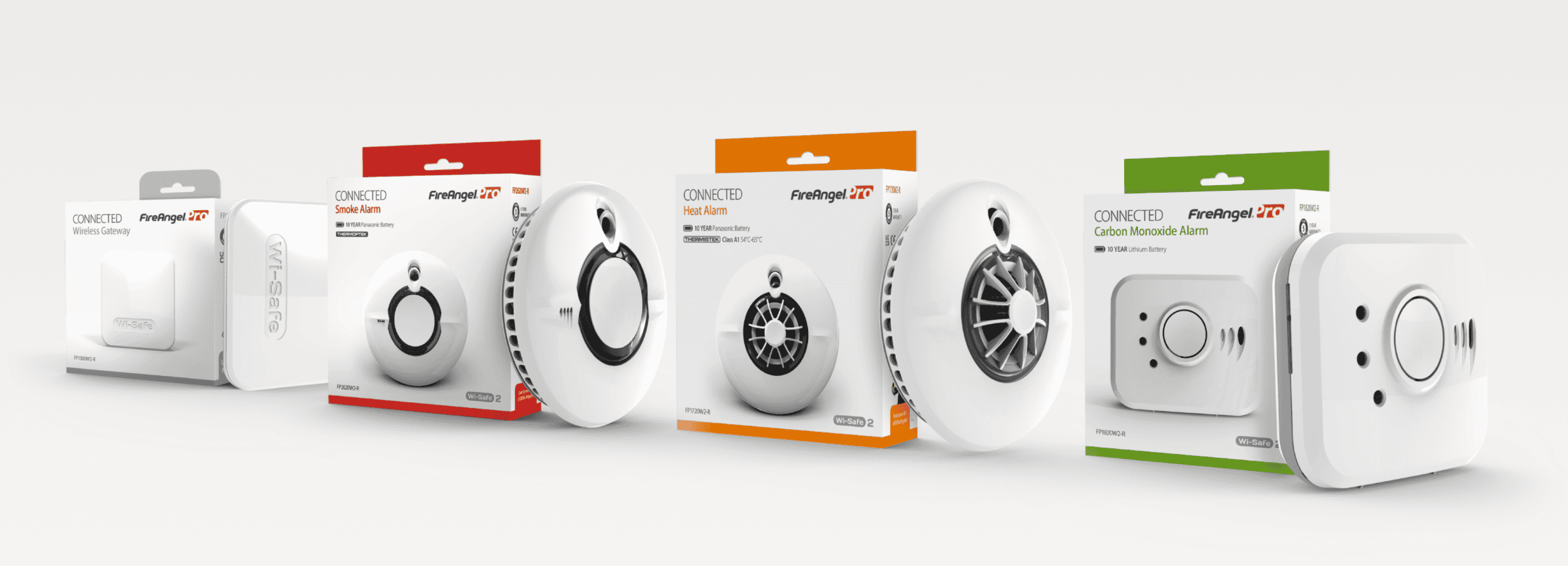 Five FireAngel alarms displayed in a row—perfect choices for your summer fire safety guide.