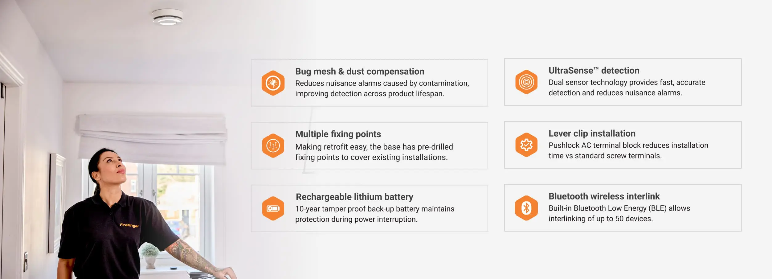 Features: bug mesh, fixings, compliance support, lithium battery, UltraSense, clip, Bluetooth.
