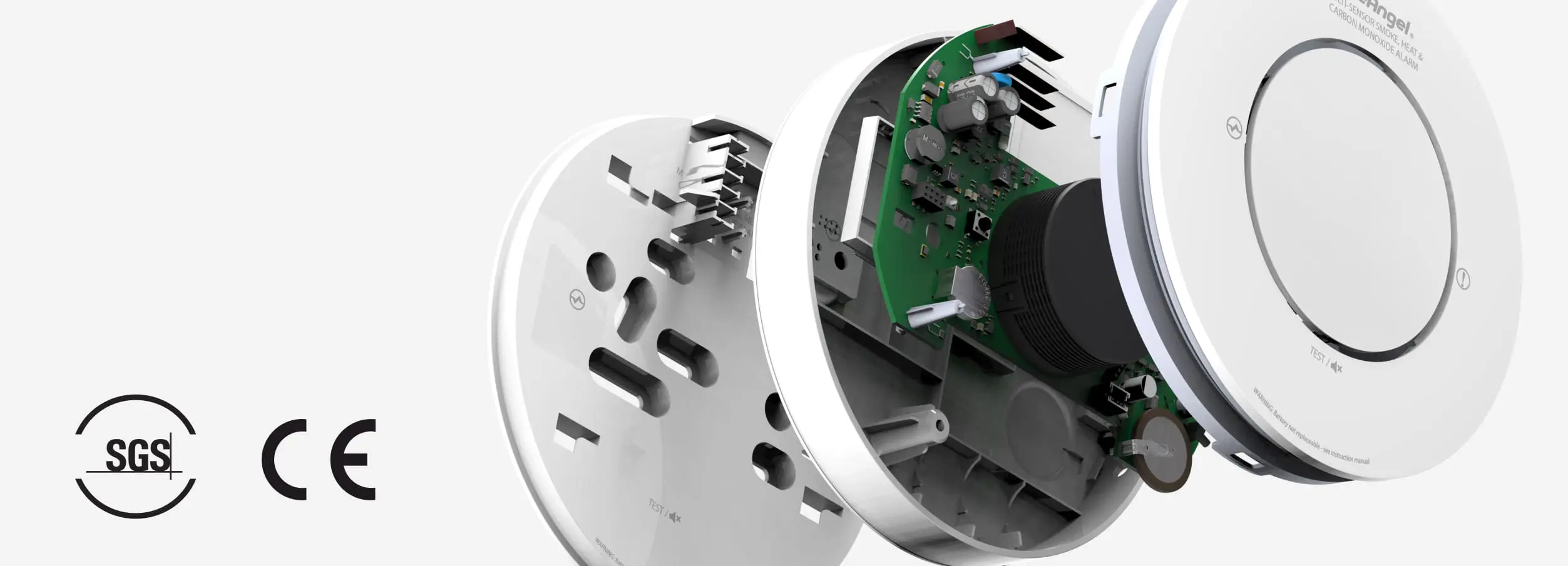 Exploded smoke detector view with compliance support, SGS and CE logos, showing electronic parts.