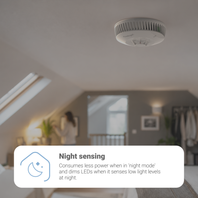 FA8620BW-R ceiling sensor in dim bedroom, night-sensing info box displayed in front.