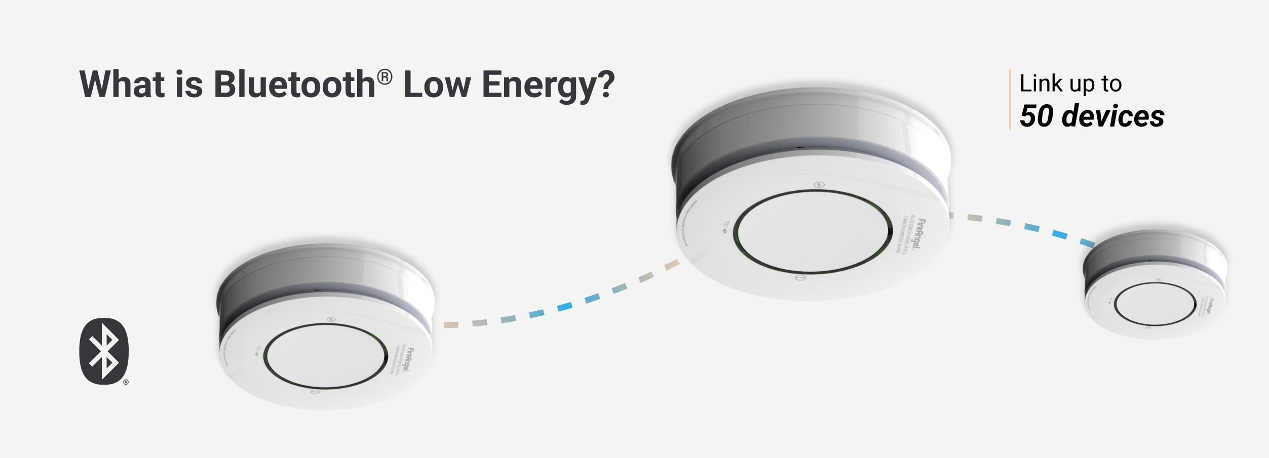 Three circular Spec+ Bluetooth devices interlink, supporting up to 50 units via Low Energy.
