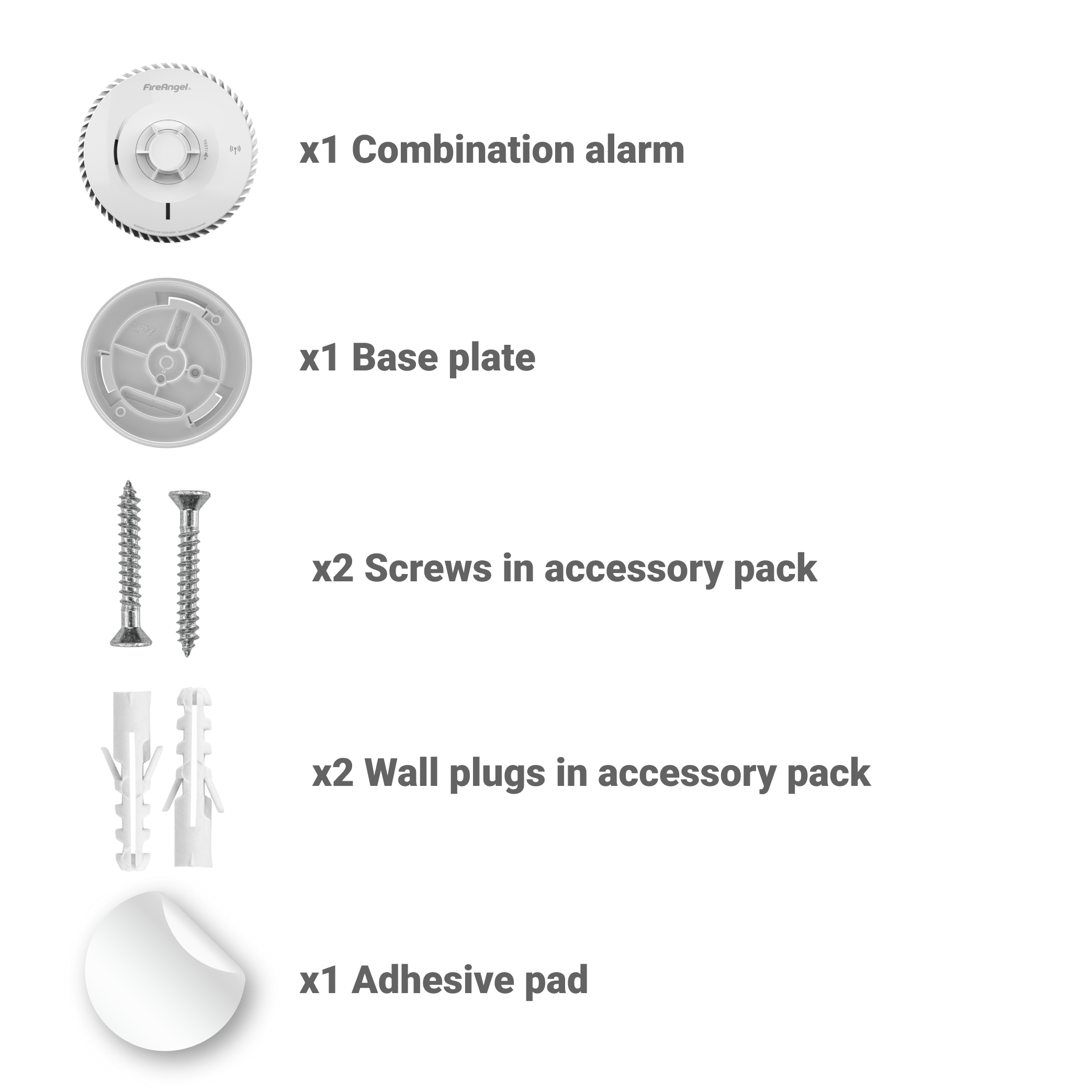 FA8620BW-R with base plate, screws, wall plugs, and adhesive pad shown and labelled.