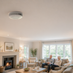 FA8620BW-R on ceiling above two people relaxing on a living room sofa.
