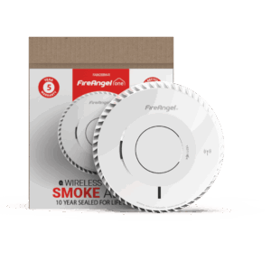 FA8620BW-R smoke alarm shown with packaging, labelled Smoke Alarm and Wireless.