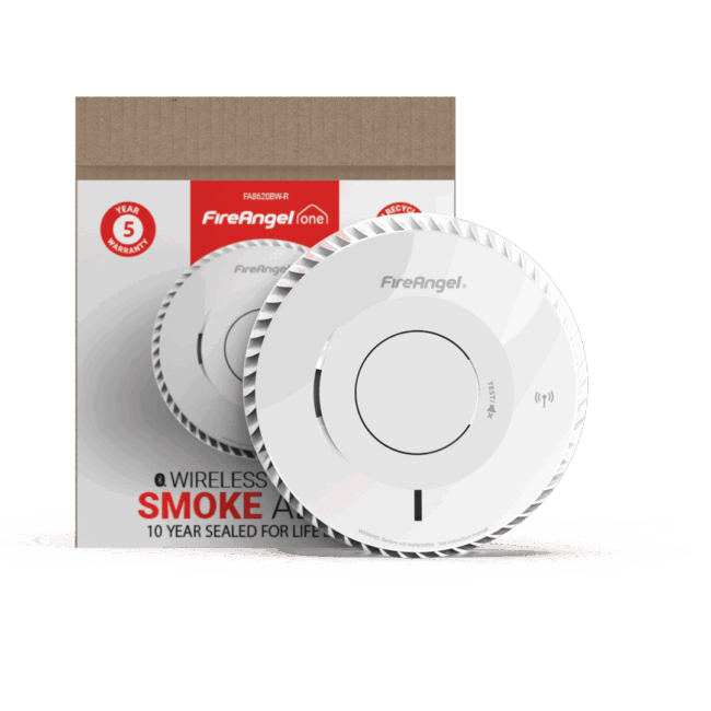 FA8620BW-R smoke alarm shown with packaging, labelled Smoke Alarm and Wireless.