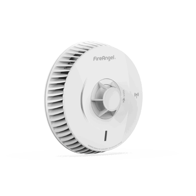 White FireAngel FA8620BW-R smoke alarm, circular with vented sides and central button.