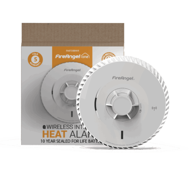FA8720BW-R heat alarm in brown box, shown on a plain white background.