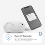 FA8827BW-R CO alarm connects to phone via Bluetooth for diagnostic report downloads.