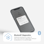 Smartphone showing FA8620BW-R export report screen for Bluetooth diagnostics and downloads.