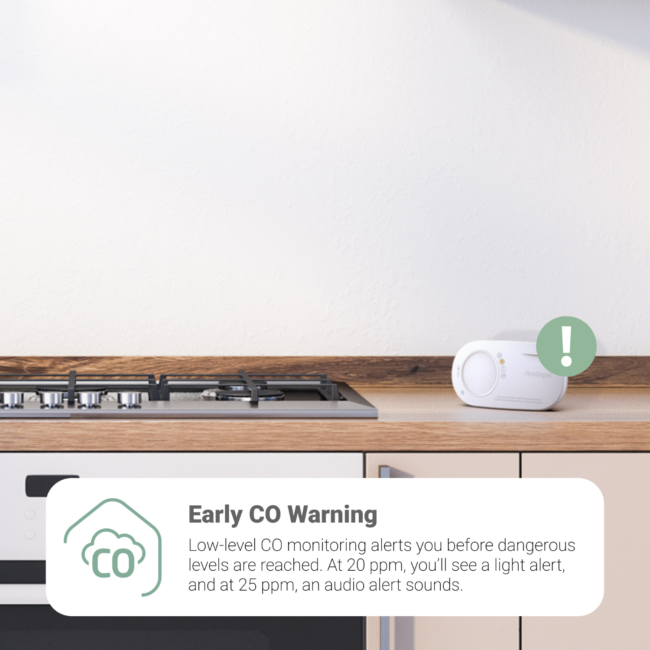 FA8827BW-R CO detector displays early warning alert on a kitchen worktop.