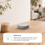 FA8080BW-R smart device on wooden table shows highlighted child lock feature.
