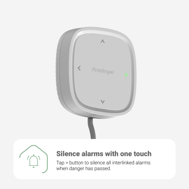 FA8080BW-R device with arrows and cord, instantly silences connected alarms.