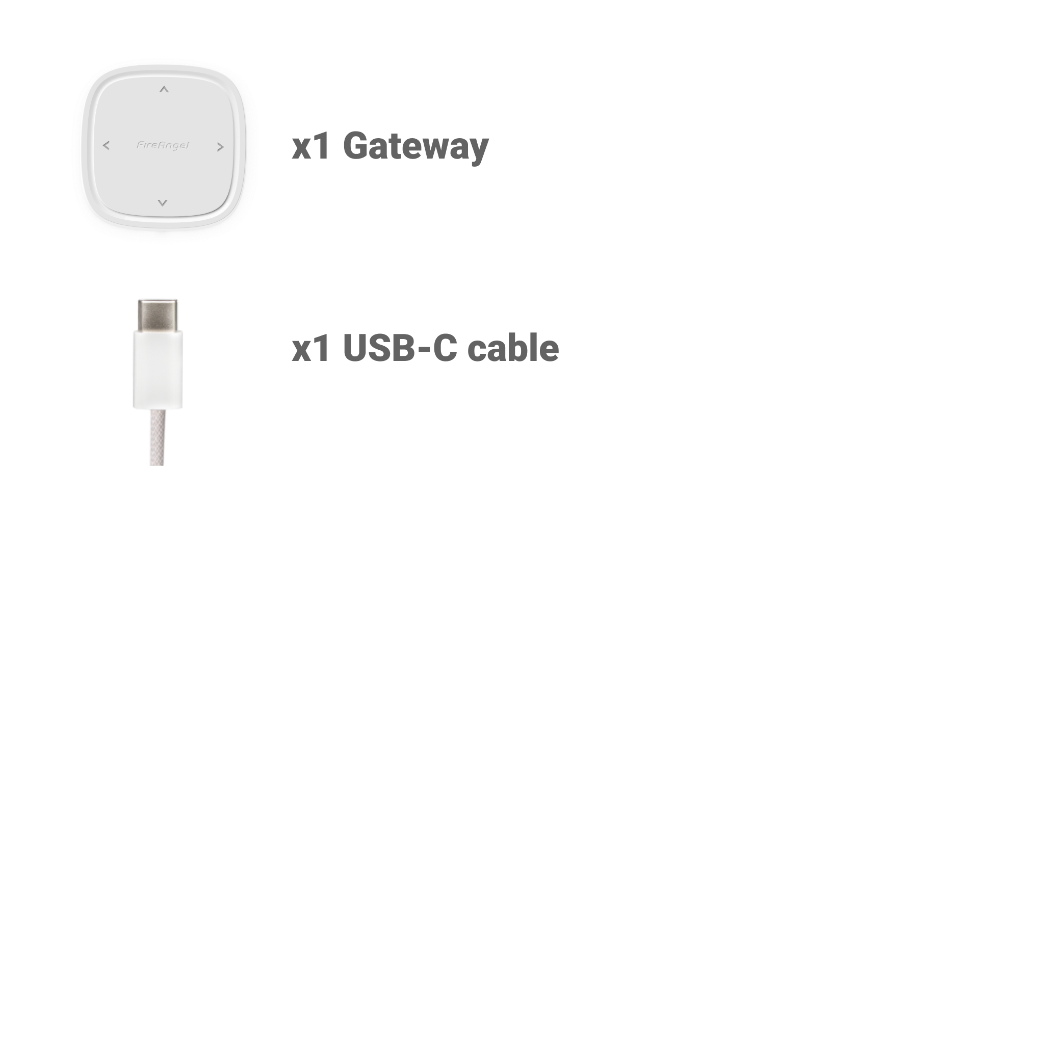 White FA8080BW-R gateway and USB-C cable shown side by side, each with a label.