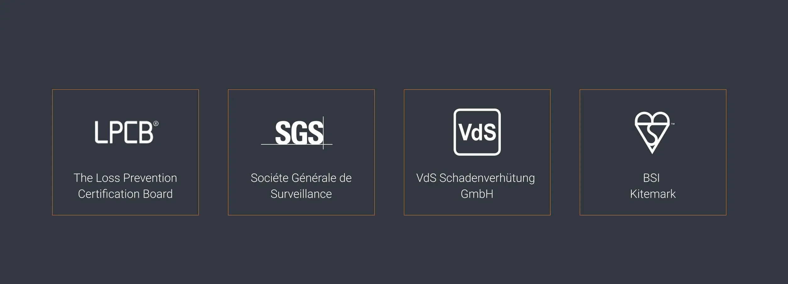 Four certification logos: LPCB, SGS, VdS, and BSI Kitemark for fire safety products shown.