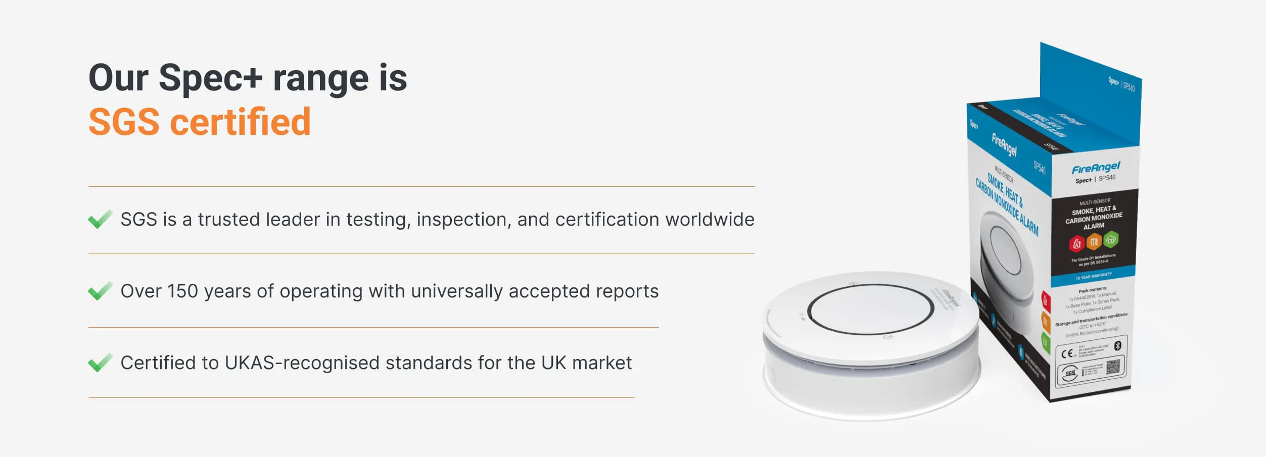 Spec+ range box and device, SGS certified by leading certification bodies for fire safety products.