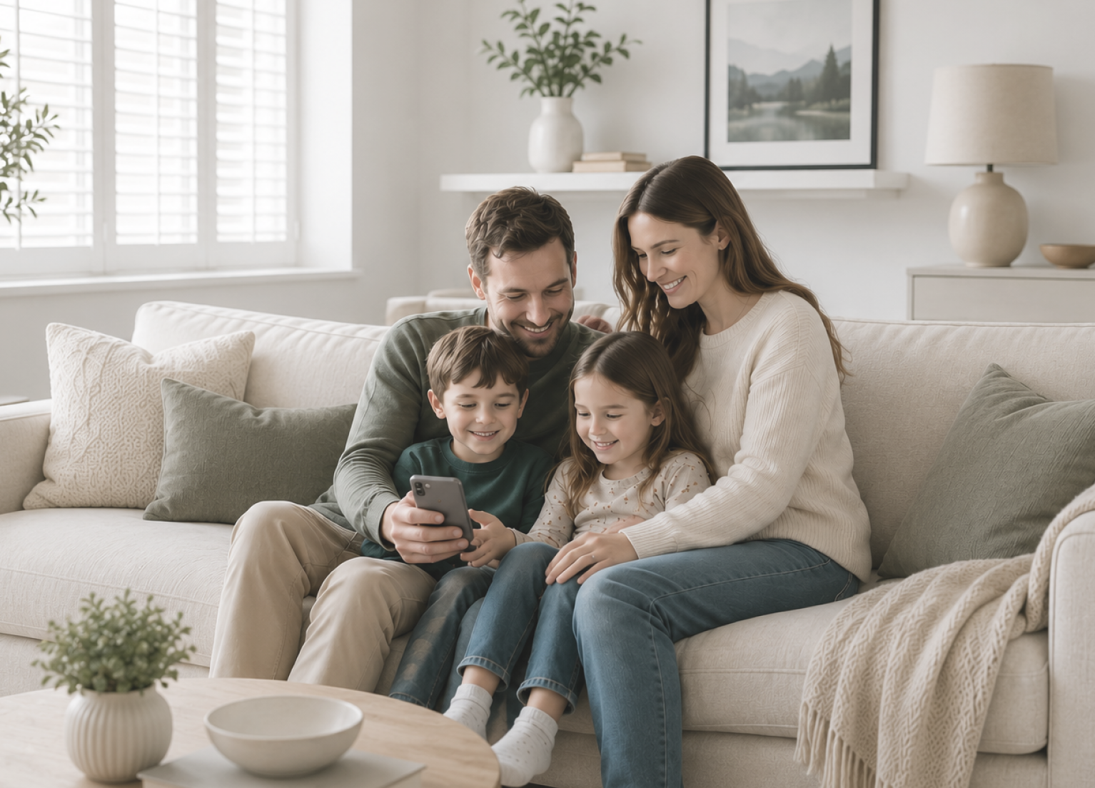 Family of four on sofa smiling at a mobile, with FA8620BW-R product visible.
