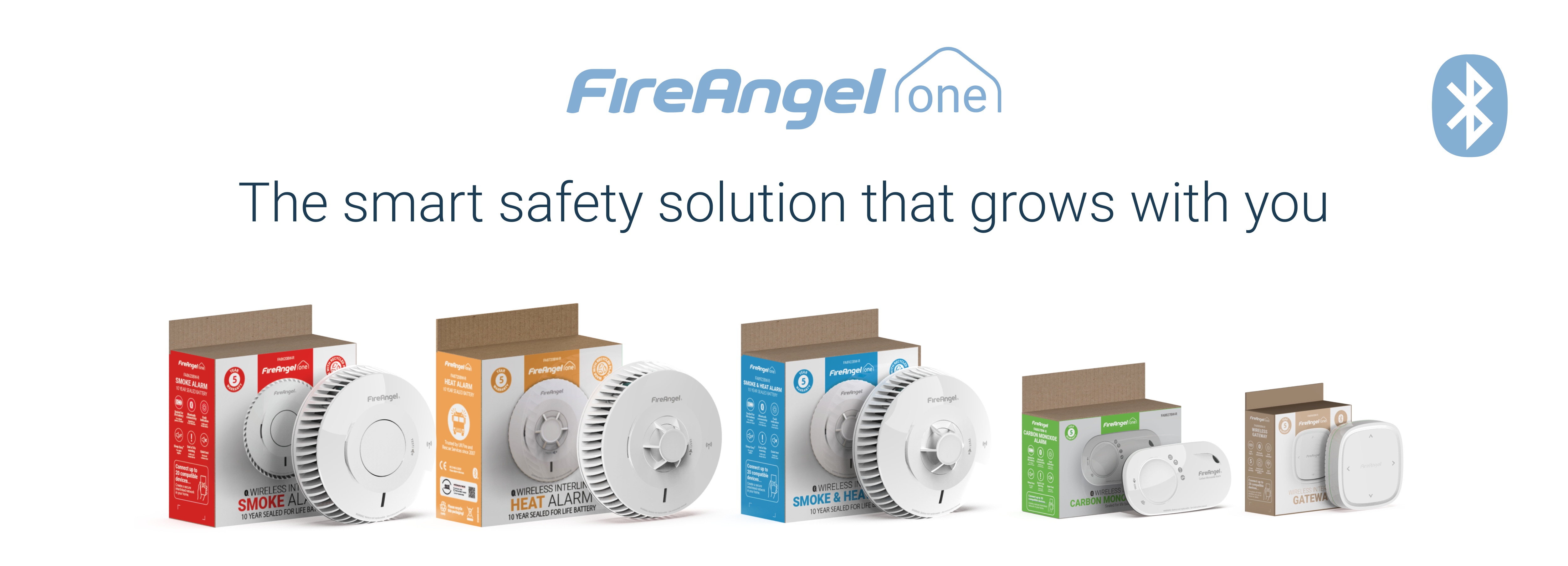 FireAngel alarms in boxes, Bluetooth logo and home protection slogan displayed above.