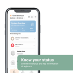Angel Connect app displays system status, device categories, and a Know your status banner.