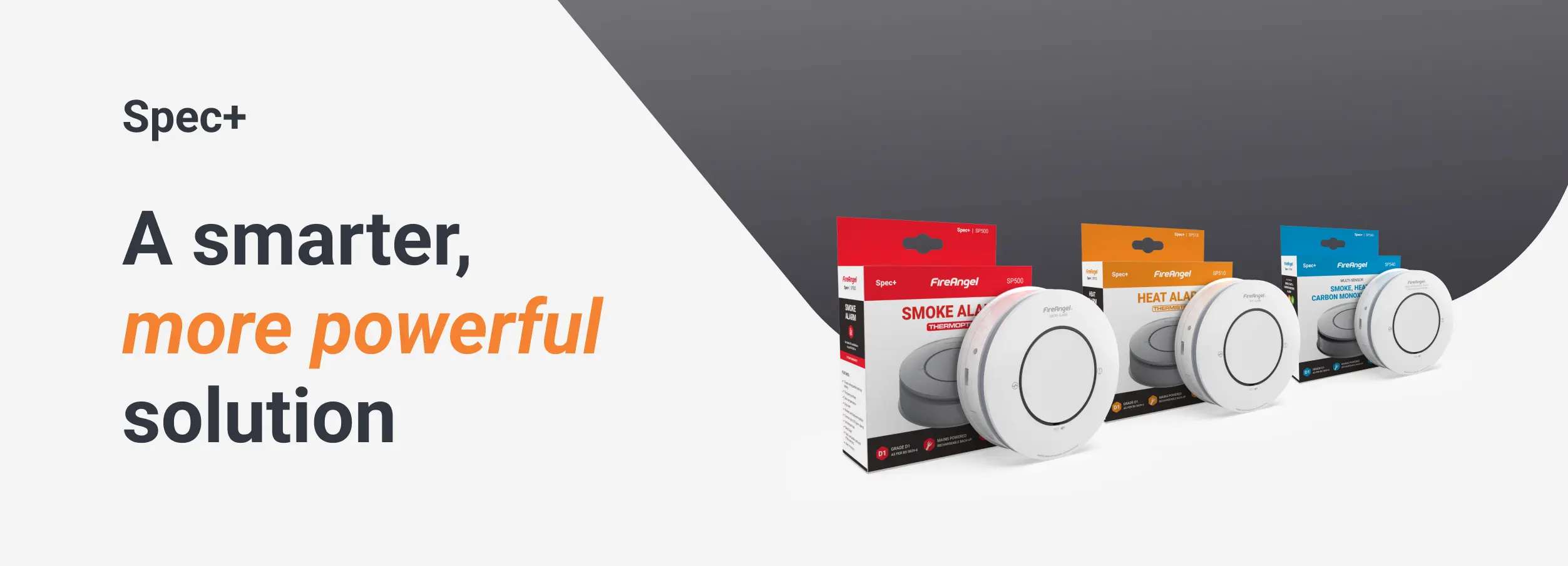 Three boxed FireAngel alarms at InstallerSHOW 2026, marketed as smarter and more powerful.