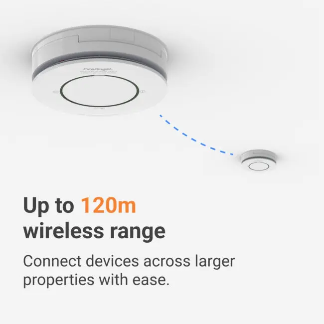 Two Angel Pro App smoke alarms connected by a dashed blue line.