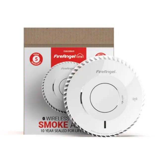 FireAngel wireless smoke alarm in packaging.