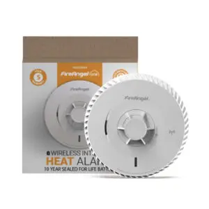 FireAngel wireless heat alarm placed in front of its product box.