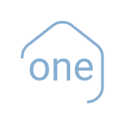 The word one inside a blue house outline.