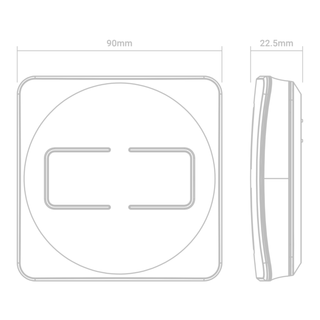 FP1014W2-R smart control switch, 90mm wide, 22.5mm thick, with rounded edges.
