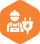 Icon of a construction worker and an electrical plug with a lightning bolt on an orange hexagon.