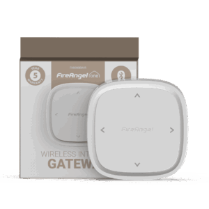 White FireAngel FA8080BW-R gateway sits in front of its brown and white packaging box.