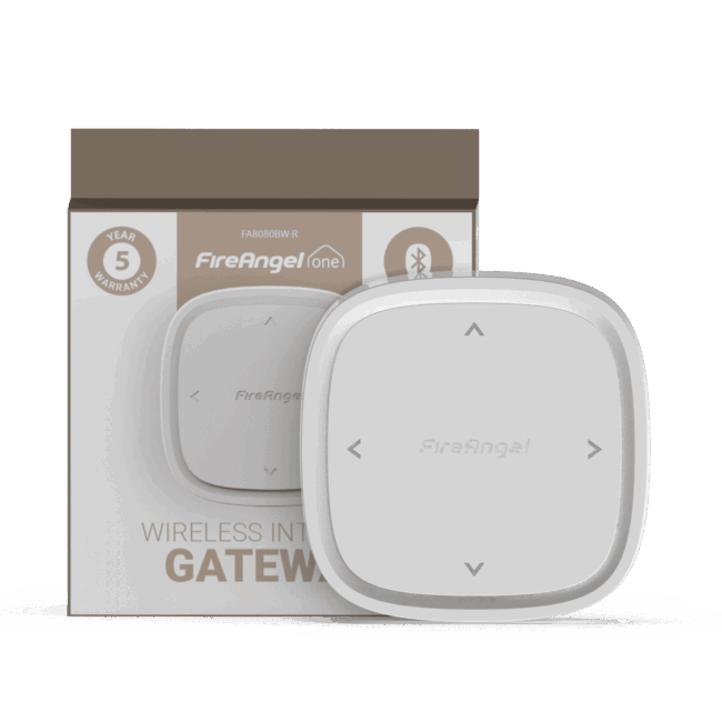 White FireAngel FA8080BW-R gateway sits in front of its brown and white packaging box.