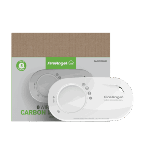 FA8827BW-R carbon monoxide alarm shown with branded box; green and grey branding visible.